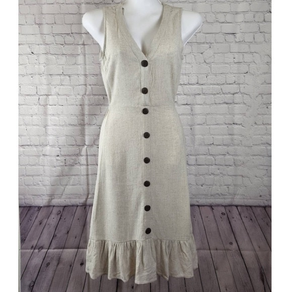 Monteau Dresses & Skirts - NWT Monteau Women's Sleeveless Button Tan Linen Blend Midi Tiered  Dress XS
